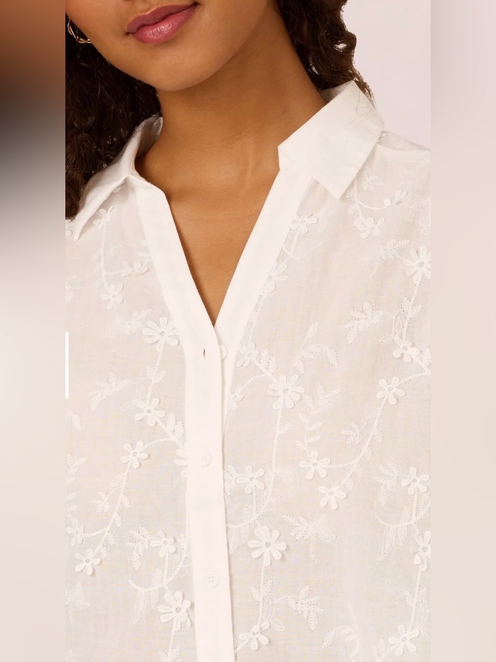 Adriana Papell Appliquéd Embroidered White Cap-Sleeve Button-Front Top - Size L - Picture 5 of 10